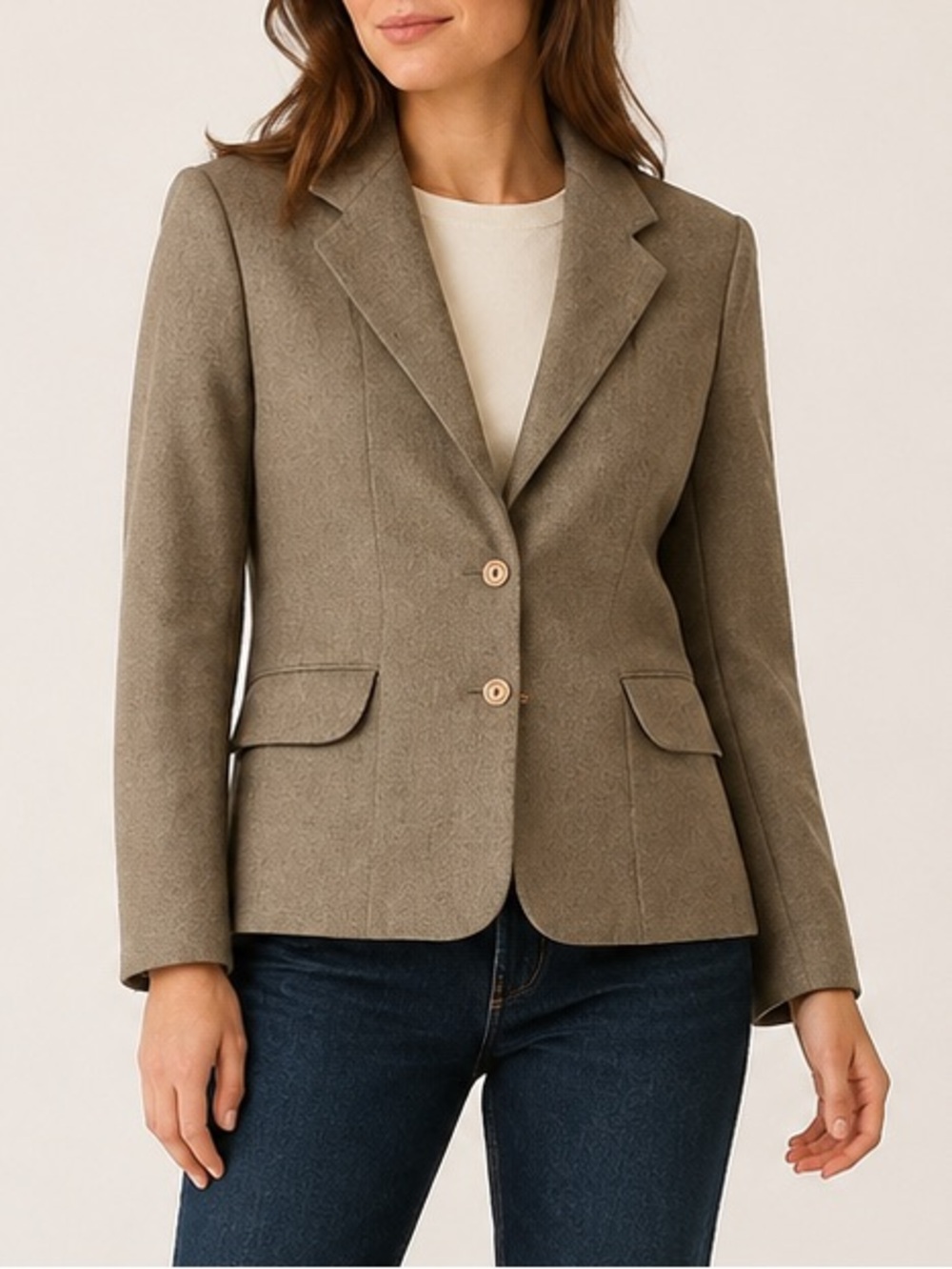Vintage Tribal Wool Blend Herringbone Fitted Blazer Taupe Size 10
